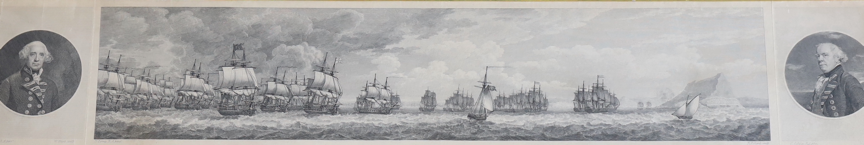 Robert Pollard after Dominic Serres, line engraving, 'Relief of Gibraltar by Lord Howe on September 11th 1782, Panoramic view of the Fleet with portraits either end of Admirals Howe and Barrington', published by Copley 1